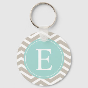 Tan White Chevron Blauwgroen monogram Sleutelhanger