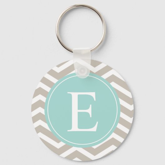 Tan White Chevron Blauwgroen monogram Sleutelhanger (Voorkant)