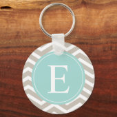 Tan White Chevron Blauwgroen monogram Sleutelhanger (Voorkant)