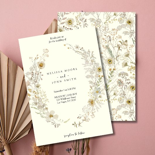 Tan White Flora Boho Wildflower Wedding Kaart