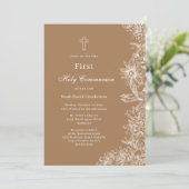 Tan White Floral First Heilige Communie Kaart (Staand voorkant)