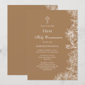 Tan White Floral First Heilige Communie Kaart (Voorkant / Achterkant)