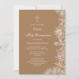 Tan White Floral First Heilige Communie Kaart