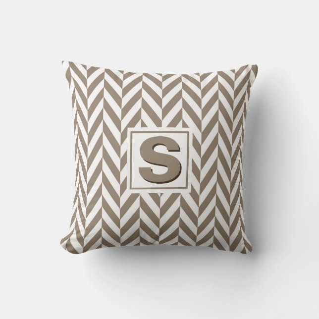 Tan White Herringbone Monogram Kussen (Voorkant)