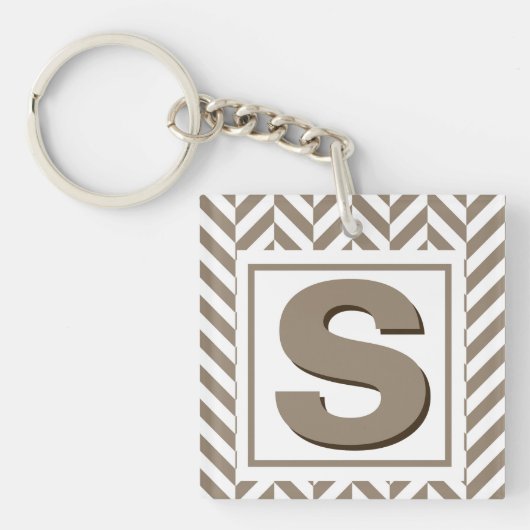 Tan White Herringbone Monogram Sleutelhanger (Voorkant)
