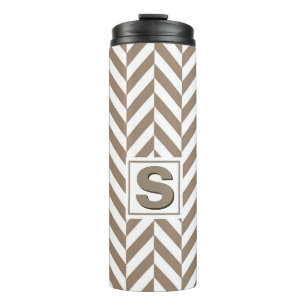 Tan White Herringbone Monogram Thermosbeker