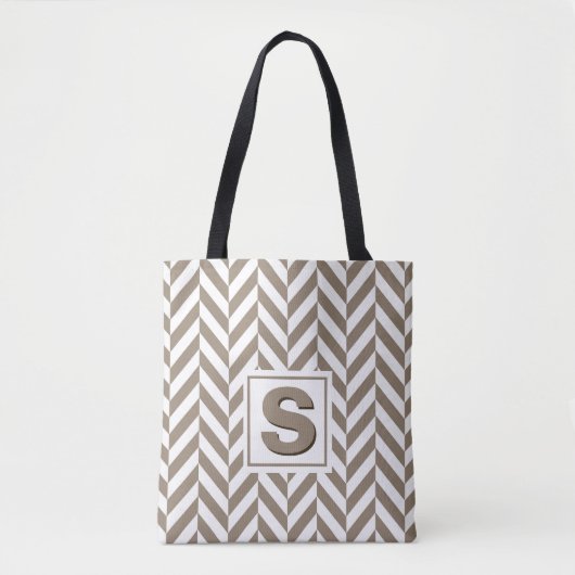 Tan White Herringbone Monogram Tote Bag (Voorkant)