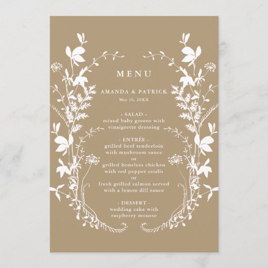 Tan Wildflower Silhouet krans bruiloft Menu (Voorkant)