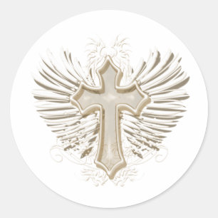Tan Winged Cross Ronde Sticker
