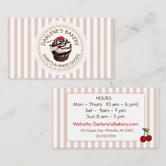 Tan & Wit Gestreepte Chocolade Cupcake Visitekaart Visitekaartje (Voorkant / Achterkant)