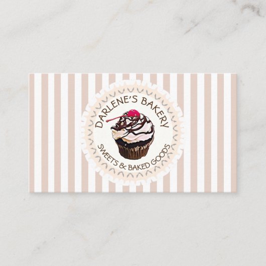 Tan & Wit Gestreepte Chocolade Cupcake Visitekaart Visitekaartje (Voorkant)