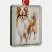 TAN & WIT LANGHARIGE CHIHUAHUA HOND METALEN ORNAMENT (Rechts)