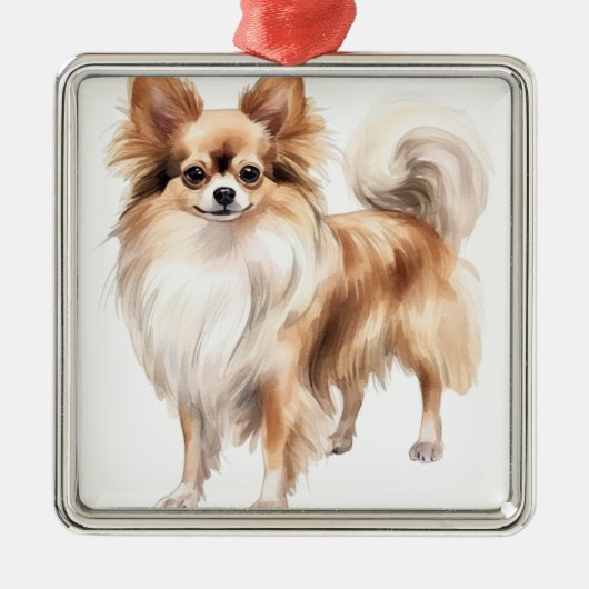 TAN & WIT LANGHARIGE CHIHUAHUA HOND METALEN ORNAMENT (Voorkant)