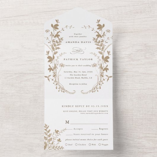 Tan & Wit Wildflower Silhouet Krans Bruiloft All In One Uitnodiging (Binnen)