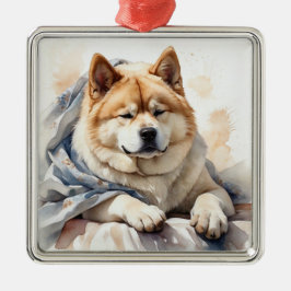 TAN & WITTE WATERVERF AKITA DOG METALEN ORNAMENT