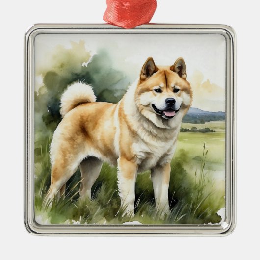 TAN & WITTE WATERVERF AKITA DOG METALEN ORNAMENT (Voorkant)