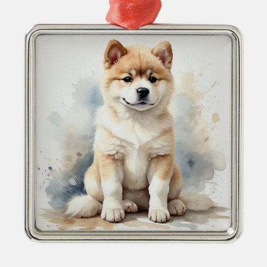 TAN & WITTE WATERVERF AKITA DOG METALEN ORNAMENT (Voorkant)