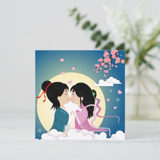 Tanabata Cowherd en Weaver Girl Button Briefkaart (Staand voorkant)