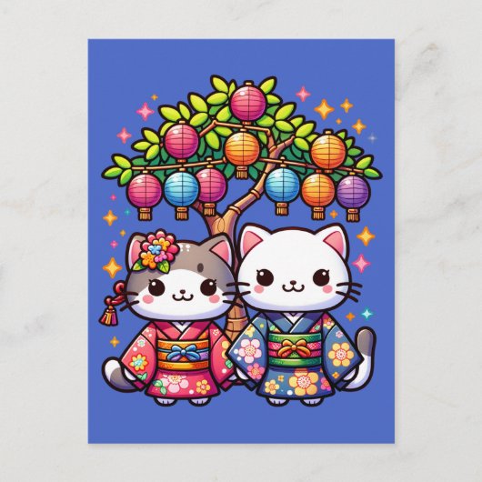 Tanabata katjes in kimono's briefkaart (Voorkant)