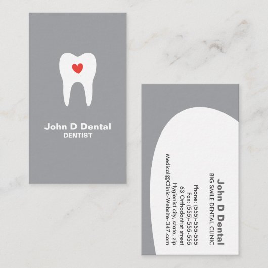 Tand en hart grijs tandarts visitekaartje (Voorkant / Achterkant)