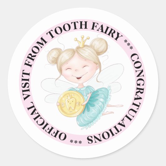 Tand fee prinses gouden munt tand opdruk roze ronde sticker (Voorkant)