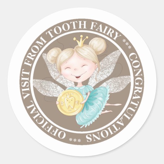 Tand fee prinses met gouden munt cirkel tekst ronde sticker (Voorkant)