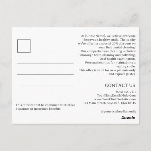 Tand- of zorgkliniek promotioneel briefkaart (Achterkant)