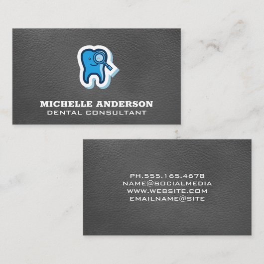 Tand vergrootglas pictogram | Leren textuur Visitekaartje (Voorkant / Achterkant)