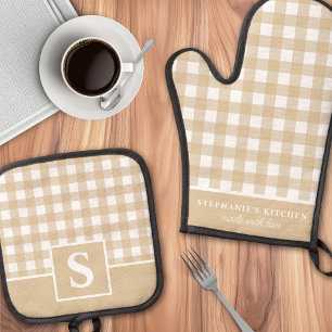 Tand Witte Gingham Geruit Geruit Monogrammeerde Ovenwant & Pannenlap Set