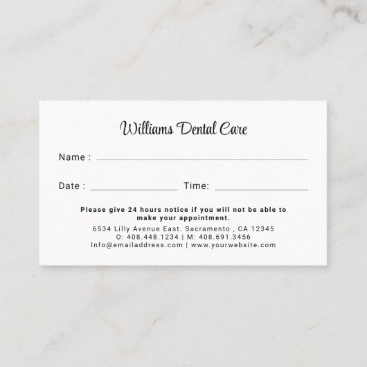 Tandarts Afspraak Herinnering Logo Visitekaartje (Achterkant)