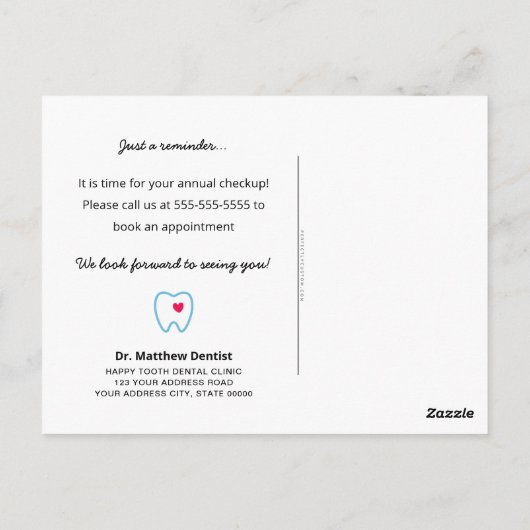 Tandarts afspraak herinnering tand met hart blauw briefkaart (Achterkant)