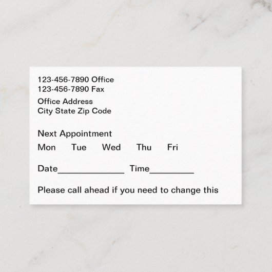 Tandarts Kantoor Grote Afspraak Herinnering Kaarte Visitekaartje (Achterkant)