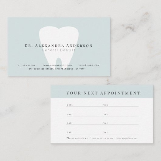 Tandarts licht blauw afspraak kaart visitekaartje (Voorkant / Achterkant)