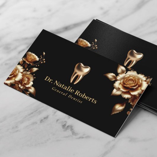 Tandarts Modern Goud Bloemen Zwart Tandheelkundige Visitekaartje