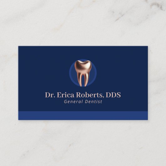 Tandarts Modern Roos Gouden Tand Navy Blauw Dental Visitekaartje (Voorkant)