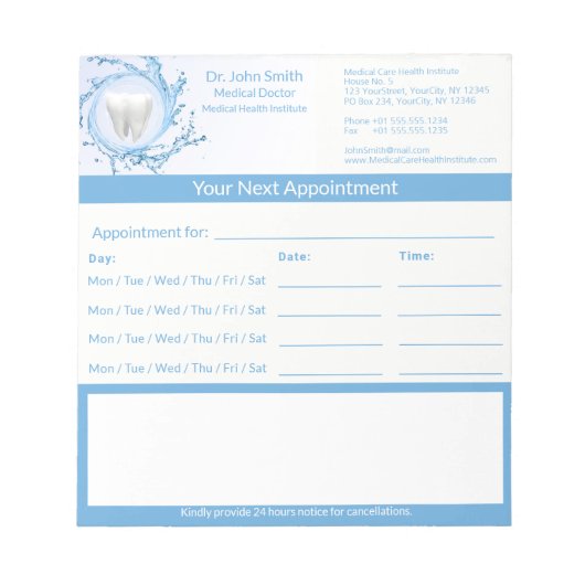 Tandarts Tand Water Medische Afspraak Notitieblok (Voorkant)