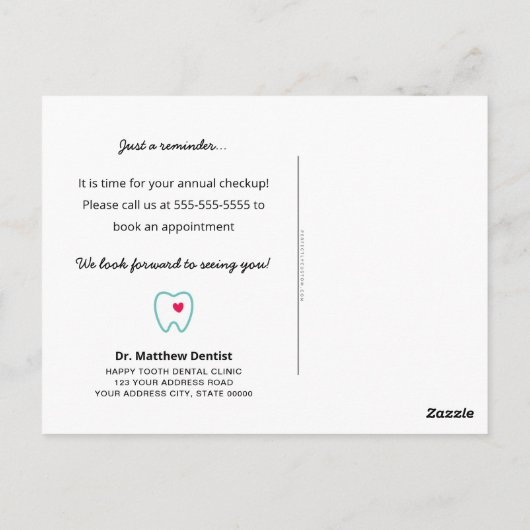 Tandartsafspraak herinnering Tand met hart blauwgr Briefkaart (Achterkant)