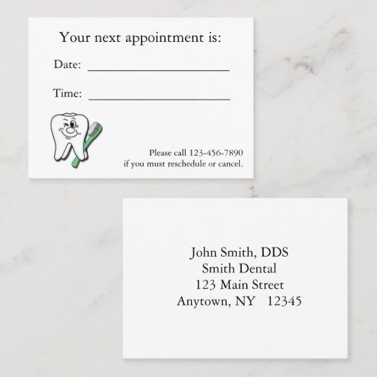 Tandartsafspraakkaart Afsprakenkaartje (Voorkant / Achterkant)