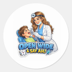 Tandartssticker 'Open breed, zeg Ah' Ronde Sticker