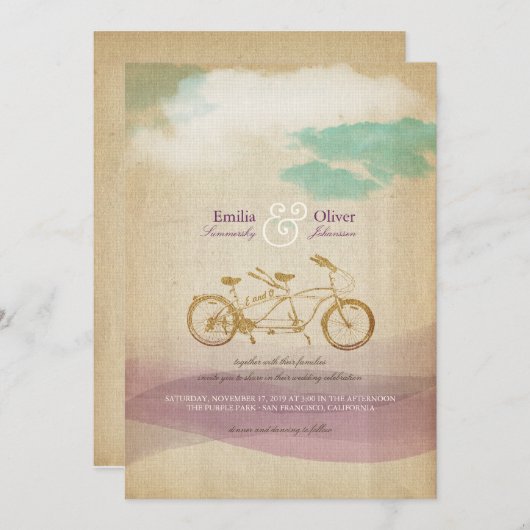 Tandem Bicycle 2 Waterverf  Rustic Wedding Kaart (Voorkant / Achterkant)