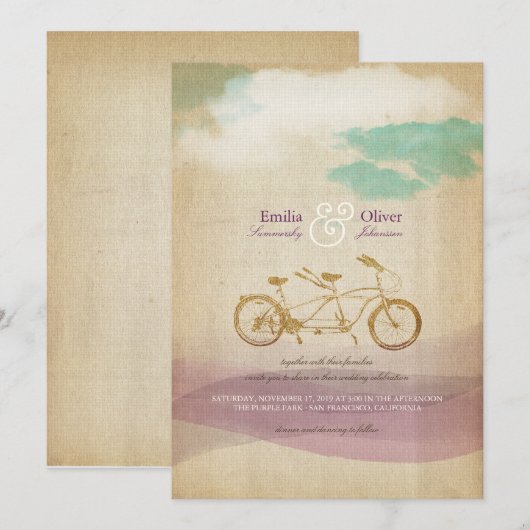 Tandem Bicycle 2 Waterverf  Rustic Wedding Kaart (Voorkant / Achterkant)