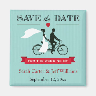 Tandem Bicycle Aqua en Red Save the Date Magneten