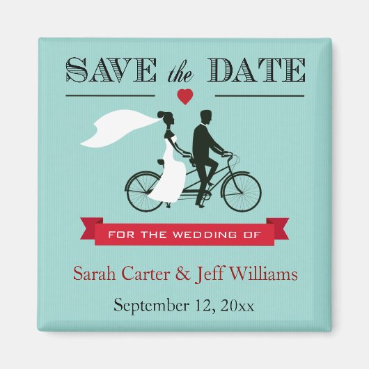 Tandem Bicycle Aqua en Red Save the Date Magneten (Voorkant)