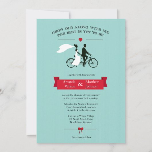Tandem Bicycle Aqua en Red Wedding Invitations Kaart (Voorkant)
