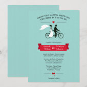 Tandem Bicycle Aqua en Red Wedding Invitations Kaart (Voorkant / Achterkant)