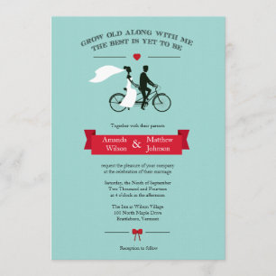 Tandem Bicycle Aqua en Red Wedding Invitations Kaart
