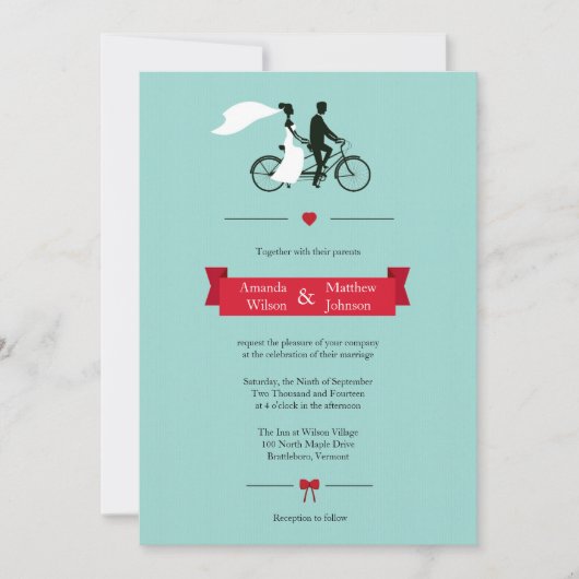 Tandem Bicycle Aqua Wedding Invitations Kaart (Voorkant)