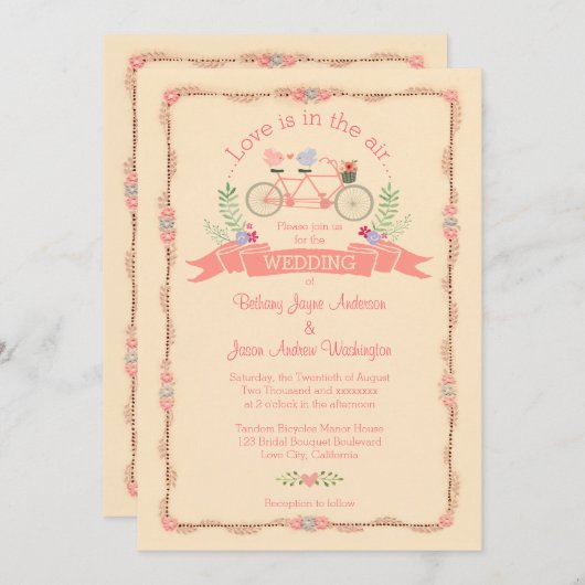Tandem Bicycle, Birds and Banner Wedding Kaart (Voorkant / Achterkant)