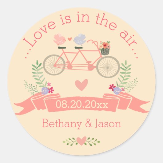 Tandem Bicycle, Birds and Banner Wedding Ronde Sticker (Voorkant)
