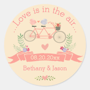 Tandem Bicycle, Birds and Banner Wedding Ronde Sticker